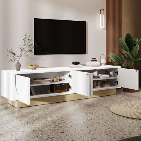 REDOM Mueble TV 175x40x41.5 cm, 4 puertas, apertura push to open, gestión de cables, MDF blanco y madera (1/5)