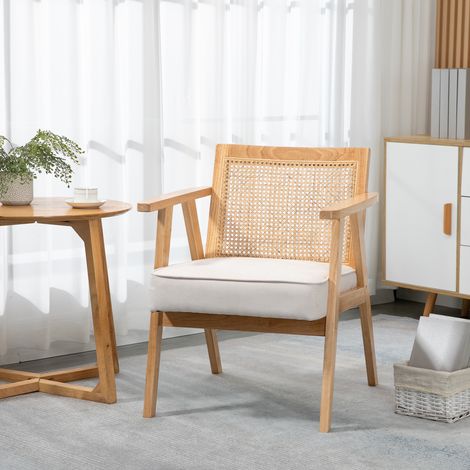 Fauteuil exotique capitonné. Bois d'hévéa. Coussin d'assise aspect lin. 63 cm (L) x 69 cm (l) x 78 cm (H). Blanc crème (1/5)