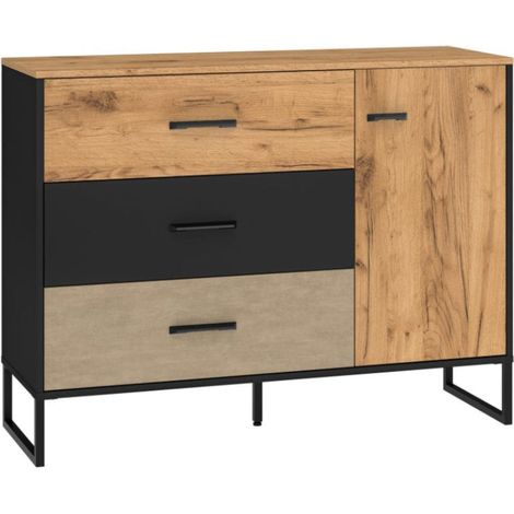 Commode 3 tiroirs 1 porte Zoran Noir et Bois (1/5)