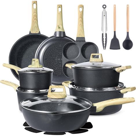 22 Pièces Batterie Cuisine Antiadhésive Tous Feux y Compris Induction Poêle, Casserole, Wok, Poêle à œufs, Cocotte Revêtement en Granit, Sans PFAS/PFOA/PTFE, Compatible Lave-Vaisselle, Noir (1/5)