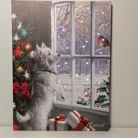 Snowtime Christmas 40cm x 30cm Festive Dog & Robin Fibre Optic Wall Canvas (1/5)