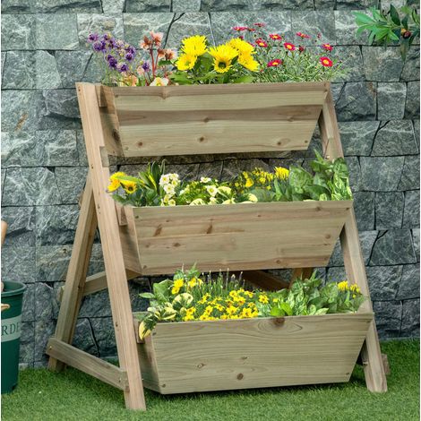 Étagère à fleurs à 3 niveaux en bois, support de plantes d’extérieur avec bac de culture, drainage et tissu non tissé, 71 x 61 x 77 cm  CHICFURN (1/5)