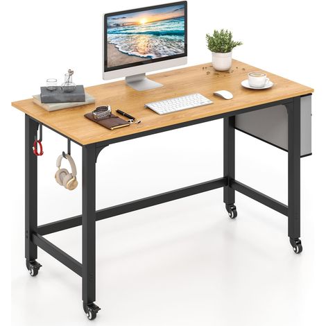 COSTWAY Mobile Computer Desk 120cm Home Office Desk w/ Storage Bag-Natural (1/5)