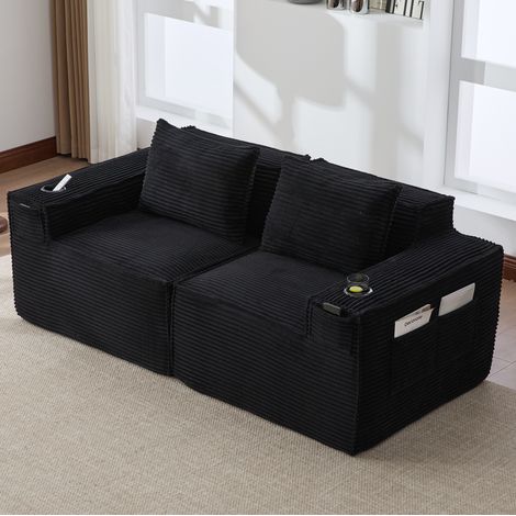 Divano modulare a 2 posti 188 x 90 x 75 cm in velluto a coste nero con porta-bicchieri e tasche (1/5)
