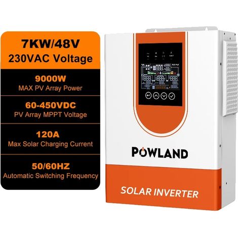 Inverter ibrido, potenza 7 kW, tensione 48 V, corrente di carico massima 120 A, uscita a onda sinusoidale pura, grado di protezione IP21. (1/5)
