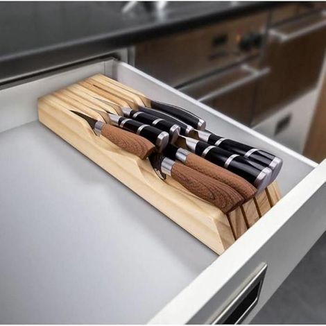 Porte-couteaux de cuisine pour tiroir, bloc universel en bois massif (sans couteaux), organisateur de tiroir en bambou pour (1/5)