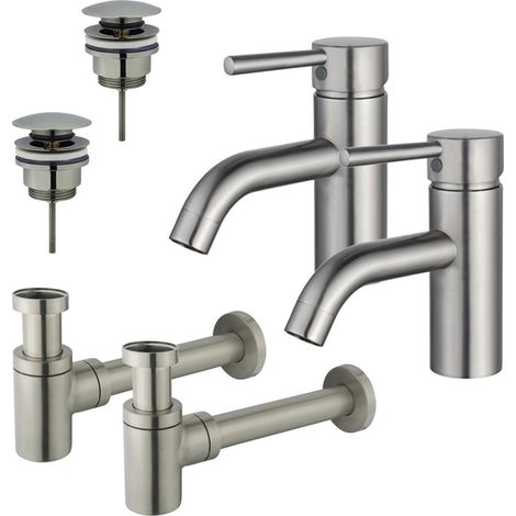 FugaFlow Eccelente Sobrado Kit robinet lavabo - pour double vasque - robinet bas - bonde clic clac - siphon design bas - Inox brossé PVD (1/4)