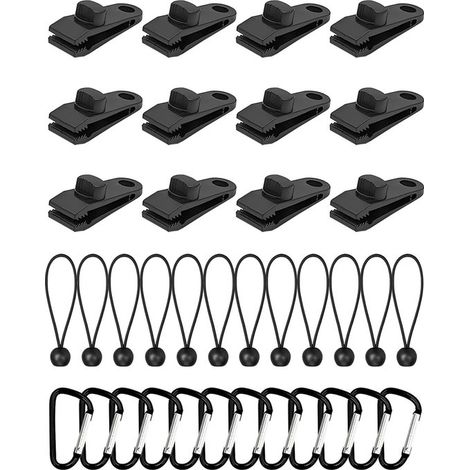 36-teiliges wasserdichtes Stoffclip-Set mit 12 Spannern, elastischen Nylonschnüren und Karabinern für Zelte und Camping (1/5)