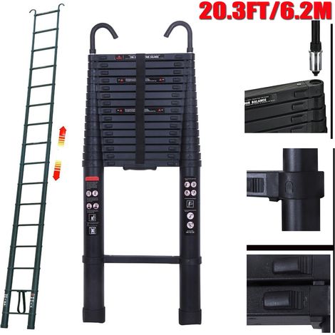 Extensible 6.2m 20.3FT Echelles Echelle Alu Télescopique Avec 2X Crochet Amovible