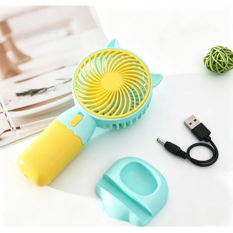Mini ventilatore portatile a tre velocità ricaricabile tramite USB con supporto, ideale per ufficio e viaggi, ecologico.