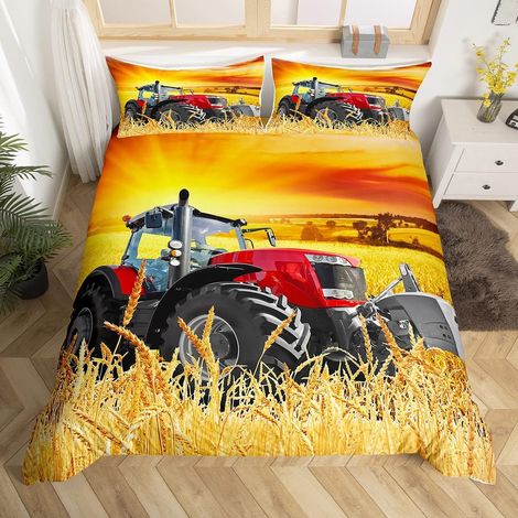 Tracteur Parure de Lit 140x200cm pour Enfants Récolté Blé Doré Parure Housse de Couette Décoratif Mignon Dessin Animé Ferme Voitures Housse de Couette Véhicules Agricoles 2Pcs - 140 x 200 cm (1/5)