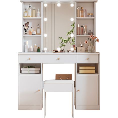 Großer Schminktisch mit verstellbarer LED-Beleuchtung, Spiegel und Hocker, 3 Schubladen und 2 Türen, Weiß, H151 x B110 x T40 cm