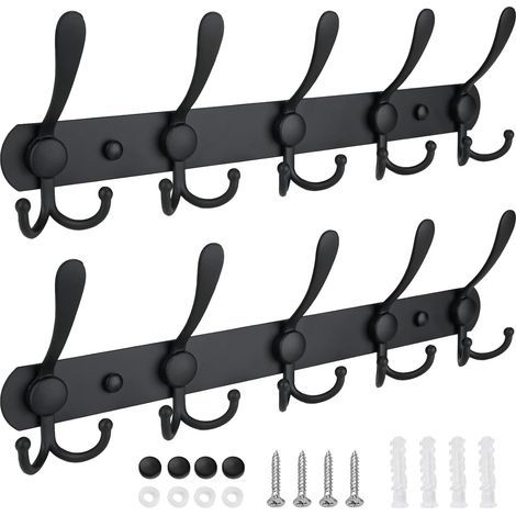 Porte-manteau mural, cinq crochets robustes, construction entièrement en métal pour veste, manteau, chapeau dans l'entrée du vestiaire (noir mat, paquet de 2) (1/5)