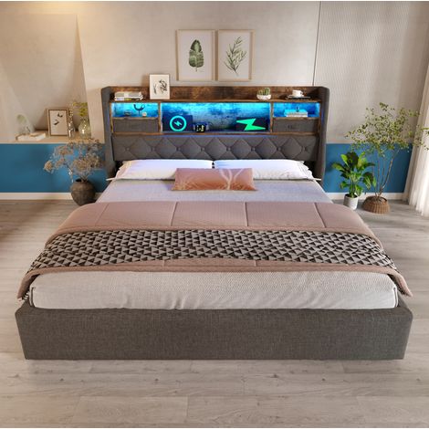 Lit coffre 160 x 200 cm lit 2 places avec tête de lit LED et station de charge USB type C, rangement hydraulique, tissu lin gris, cadre de lit avec sommier, style rétro (1/5)