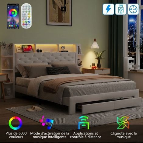 Bett 140x200 cm - TANANT - Doppelbett mit Knopfheftung - Kopfteil mit Regalen - LED und USB - Weiß