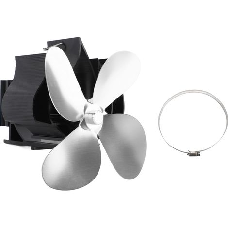 Wall Mounted Fireplace Fan 4 Blade Heat Powered Wood Stove Fan for Wood Log Burner Fireplace Silver