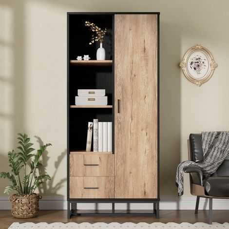 Vitrine 80x40x180 cm - structure noire - avec 1 porte et 2 tiroirs - 3 compartiments ouverts - noir + naturel (1/5)