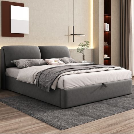Cama 160x200 cm tapizada en terciopelo gris, con cabecero регулируable, arcón y 3 cajones (1/5)