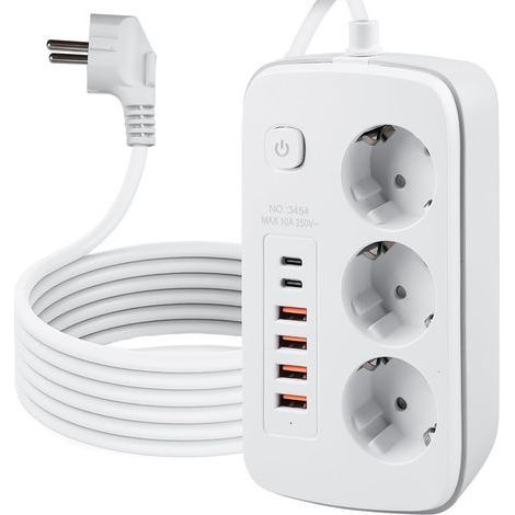Multiprise escamotable à 3 Compartiments avec 4 Ports USB, Prise de Table avec 2 Ports USB C, Prise encastrable avec Interrupteur, pour Table de Bureau, câble de 2 m, Blanc (1/5)