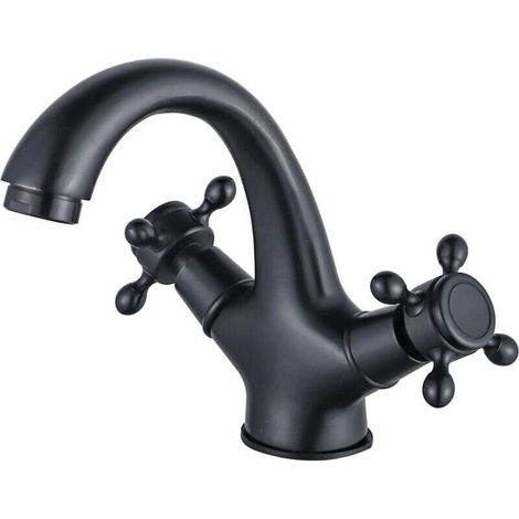 Robinet de salle de bain noir vintage, robinet de lavabo en laiton antique avec double poignées et tuyau de 60 cm (1/3)