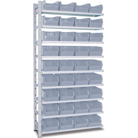 BRB Anbauregal zu Steckregal verzinkt HxBxT 2x1035x315 mm, 9 Böden, bestückt mit 36 Sichtkästen LB 3/LxBxH 350x200x150 mm (Grau)