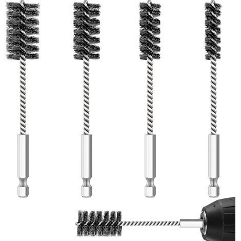 4-Piece Stainless Steel Wire Brush Set for Drilling, with Hexagonal Handle Wire Brushes for Drilling Ports, Tubes, Bearings, and Cleaning Parts