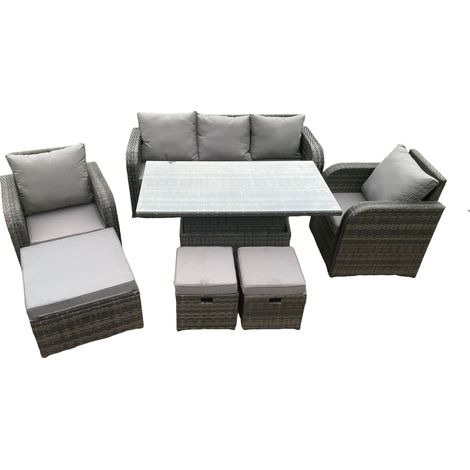 Fimous Rattan-Möbel-Garten-Dining-Sets Höhenverstellbarer steigender Hubtisch und Stuhl-Satz mit Lounge-Sofa-3-Hockern (1/5)