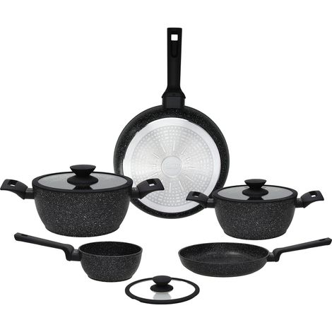 Tognana Authentika, Batteria di pentole e padelle, Set con 2 padelle, 3 casseruole, 3 coperchi trasparenti, 8 Pezzi, Alluminio, Nero (1/3)
