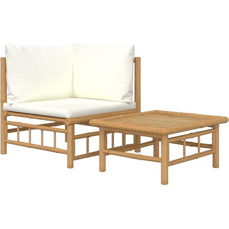 Set Salotto da Giardino 2 pz con Cuscini Bianco Crema in Bambù (1/5)