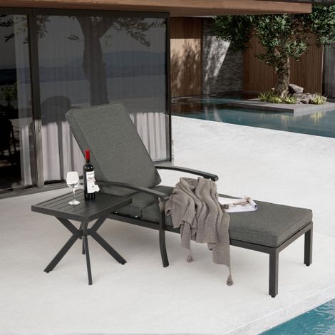 Poltrona per terrazzo con cuscino in cotone, sdraio pieghevole per piscina in alluminio resistente alla corrosione, imbottitura impermeabile color grigio (1 unità).