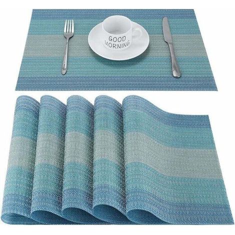 Sets de table en PVC antidérapants lavables pour salle à manger Sets de table rectangulaires en vinyle résistant à la chaleur, lot de 6 (bleu) (1/4)