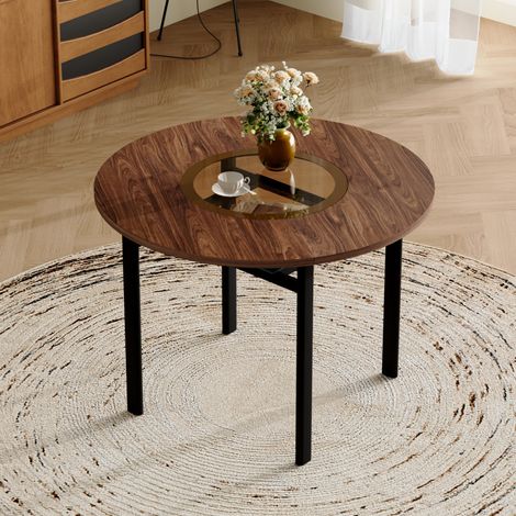 Runder Esstisch 100 cm, MDF in Braun-Holzoptik, Glas-Einsatz, für 2–4 Personen HAVRYA