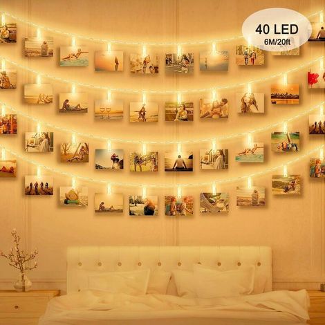 MINKUROW Fotoclips LED Lichterkette, Fotoclip Lichterkette 6m 40 Fotoclips Warmweiße LED Lichterkette Bilderrahmen Deko für Schlafzimmer, Wohnzimmer, Weihnachten, Hochzeit, Party - Batteriebetrieben [ (1/5)