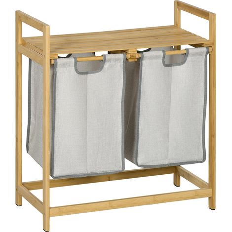 Panier à linge en bambou, sacs amovibles, design moderne, Bois Naturel, 64X33X73 cm (1/2)