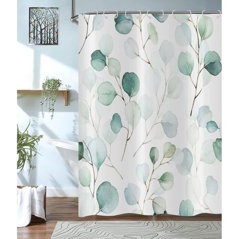 180x200cm Green Leaves Shower Curtain, Sage Green Eucalyptus Leaves Shower Curtain Watercolor Botanical Plant Bath Curtain Waterproof Polyester Fabric Washable Bath Curtain (1/5)