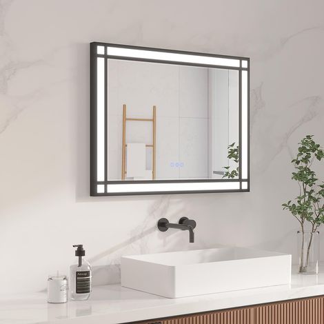 AQUABATOS LED Badspiegel Badezimmerspiegel mit Beleuchtung 80 x 60 cm Spiegel Wandspiegel 3 Licht Farben Dimmbarer Lichtspiegel Antibeschlag Schwzer Rahmen (1/5)