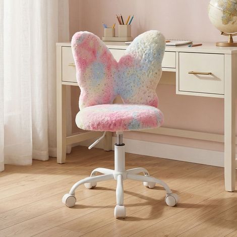 Wahson Chaise de bureau enfant en fausse fourrure – Chaise pivotante réglable 42-50cm – Dossier confortable – Design papillon rose, Rose