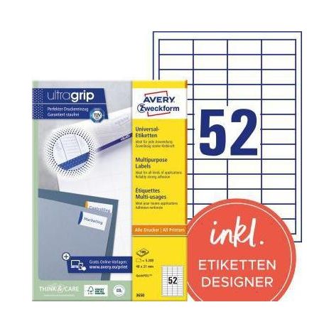 Universaletikett ultragrip 48 x 21 mm (B x H) nicht wieder ablösbar Papier weiß 5.200 Etik./Pack. (1/4)
