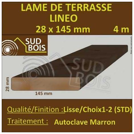 Sud Bois – Lame de terrasse Douglas 28x145mm – Traitement autoclave marron – Longueur 4m – Résistante aux intempéries et UV