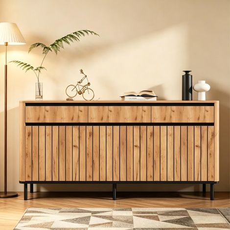 Sideboard 160x40x73 cm, drei Schubladen, drei Lamellentüren, MDF, Naturholzfarbe (1/5)