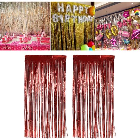 Rideau à pompons en 2 pièces / Rideau de fenêtre / Accessoires de décoration pour mariage / anniversaire / fête / Rideau de fond (rouge) (1/5)