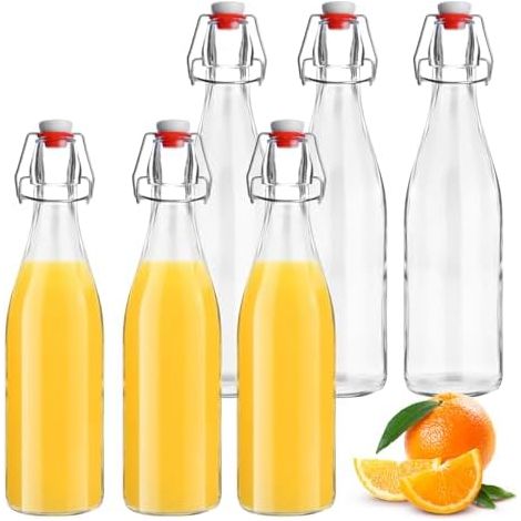 Lot de 6 Bouteille Verre 500ml, Bouteille en Verre avec Bouchon Mécanique 500ml, Bouteille en Verre avec Bouchon, Bouteille Vide Verre pour Liqueurs, Huile, Vinaigrette, Bière, Jus, sirop (1/5)