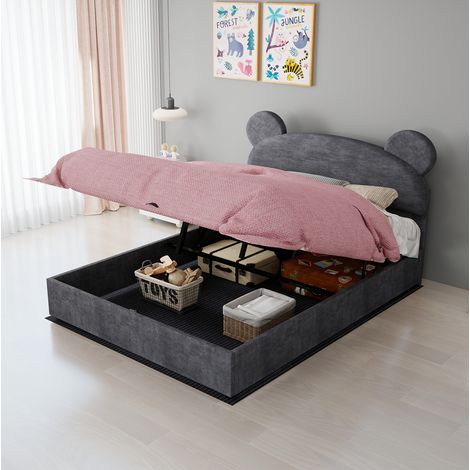 OKWISH Kinder-Polsterbett 140x200 cm mit Stauraum, grauer Samt, inkl. Matratze (1/5)