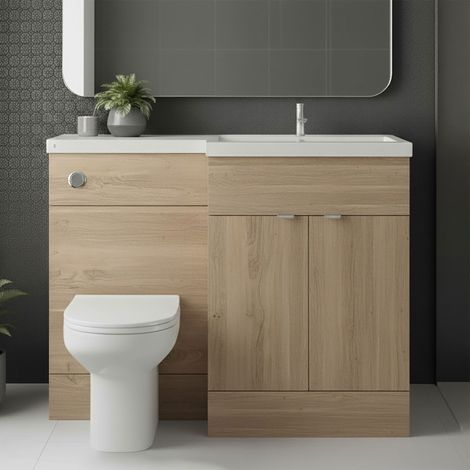 Hudson Reed Fusion RH Combination Unit with L Shape Basin - 1100mm Wide - Bleached Oak