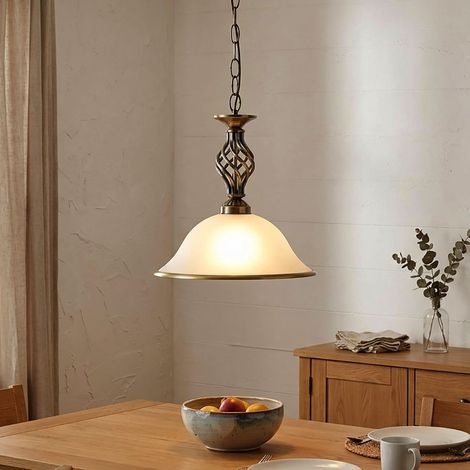Suspension suspension lampe en verre plafonnier de cuisine éclairage verre satiné, bord de la lampe laiton antique, 1x LED 7W 560Lm blanc chaud, DxH 30x120 cm (1/5)