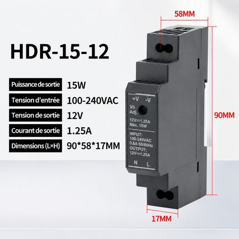 Alimentation à découpage rail DIN HDR-15-12V AC 220V vers DC 12V 1.25A double face 1 kg hdr-15-12v 1.2 1.25 1 kg – Livraison gratuite