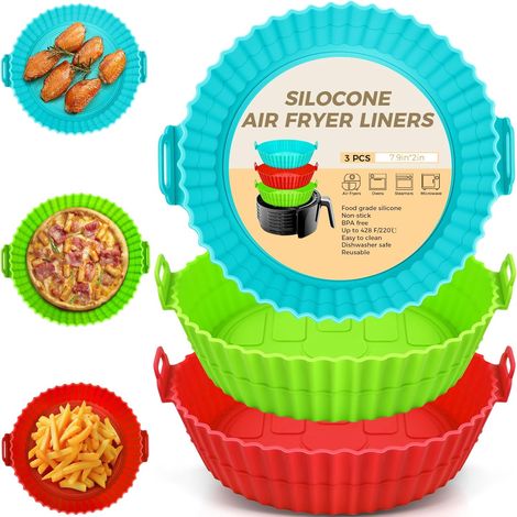 Lot de 3 tapis de cuisson en silicone pour friteuse à air, 20 cm, réutilisables, de qualité alimentaire et résistants aux graisses. (1/5)