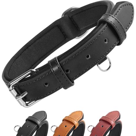 Grand Line Collier de Chien Ajustable Coussin Moelleux Cuir Rembourré avec Perforatrice 3 Couleur 4 Tailles, Noir(M) (1/5)