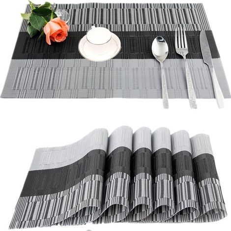 6Pcs Sets de Table Anti-Glissant en PVC Napperon Lavables(45x30cm) Napperons pour Cuisine, Salon, Jardin ou Salle à Manger (Noir-Gris) (1/5)