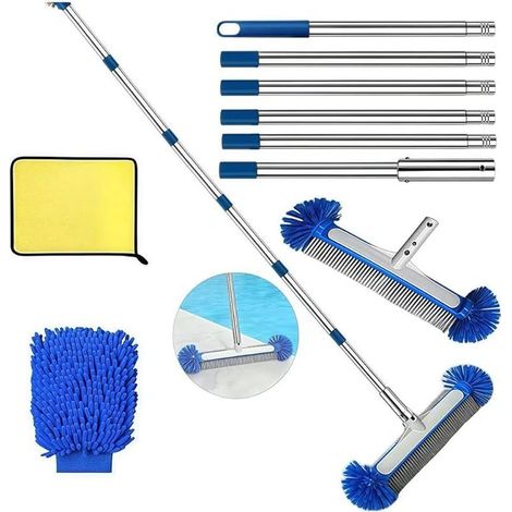Brosse de Piscine avec Tige télescopique de 230 cm de Long,Brosse de Nettoyage de Piscine de 45 cm, Balai de Piscine avec Tige en Acier Inoxydable réglable en Longueur pour Nettoyer Le Fond (1/5)
